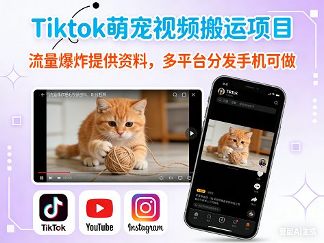 Tiktok萌宠视频搬运项目，流量爆炸提供资料，多平台分发手机可做