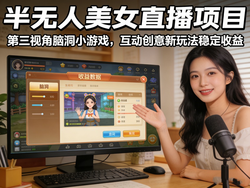 半无人美女直播项目,第三视角脑洞小游戏,互动创意新玩法稳定收益