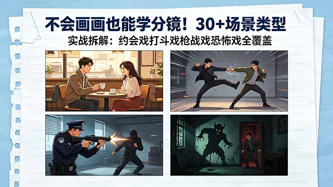<span style='color:#bd7800'>不会画画也能学分镜！30+场景类型实战拆解：约会戏打斗戏枪战戏恐怖戏全覆盖</span>