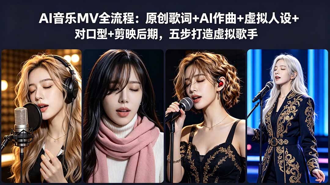 <span style='color:#078a00'>AI音乐MV全流程：原创歌词+AI作曲+虚拟人设+对口型+剪映后期，五步打造虚拟歌手</span>