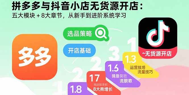 拼多多与抖音小店无货源开店指南:五大模块八大章节,从新手到进阶系统学习