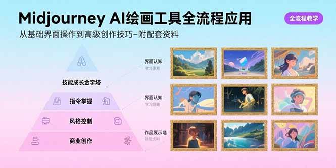 Midjourney AI绘画工具应用全流程解析：从基础界面操作到高级创作技巧，配套资料辅助学习