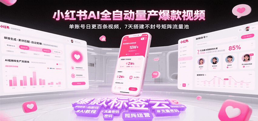 小红书AI全自动量产爆款视频,单账号日更百条视频,7天搭建不封号矩阵流量池(更新)