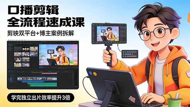 口播剪辑全流程速成、剪映双平台实操教学、案例拆解助你三倍效率出片