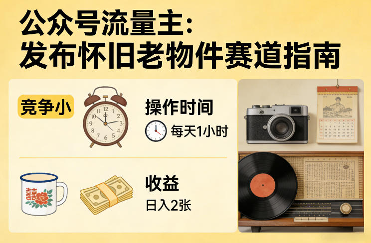 怀旧老物件赛道竞争小、公众号流量主日操作1小时、稳定日入两张轻松实现