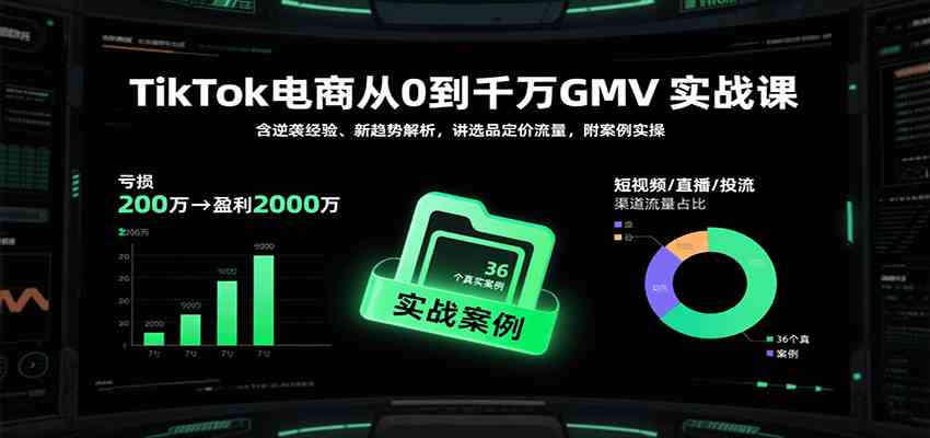 TikTok电商从0到千万GMV实战课，含逆袭经验、新趋势解析，讲选品定价流量，附案例实操