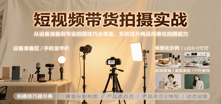 短视频带货拍摄实战，从设备准备到专业拍摄技巧全覆盖，系统提升商品场景化拍摄能力