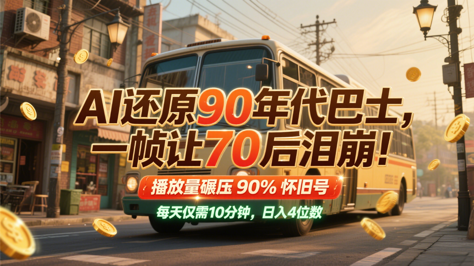 AI还原90年代巴士,一帧让70后泪崩!播放量碾压90%怀旧号,每天10分钟,日入4位数 AI还原90年代巴士,一帧让70后泪崩!播放量碾压90%怀旧号,每天10分钟,日入4位数
