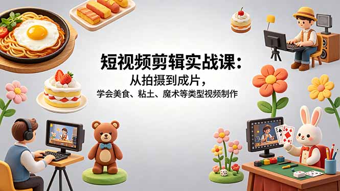 <span style='color:#bd7800'>短视频剪辑实战课:从拍摄到成片,学会美食、粘土、魔术等类型视频制作</span>