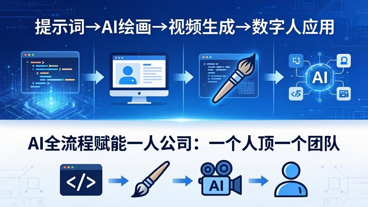 <span style='color:#001aff'>AI全流程赋能一人公司:提示词、绘画、视频、数字人、编程,一个人顶一个团队</span>