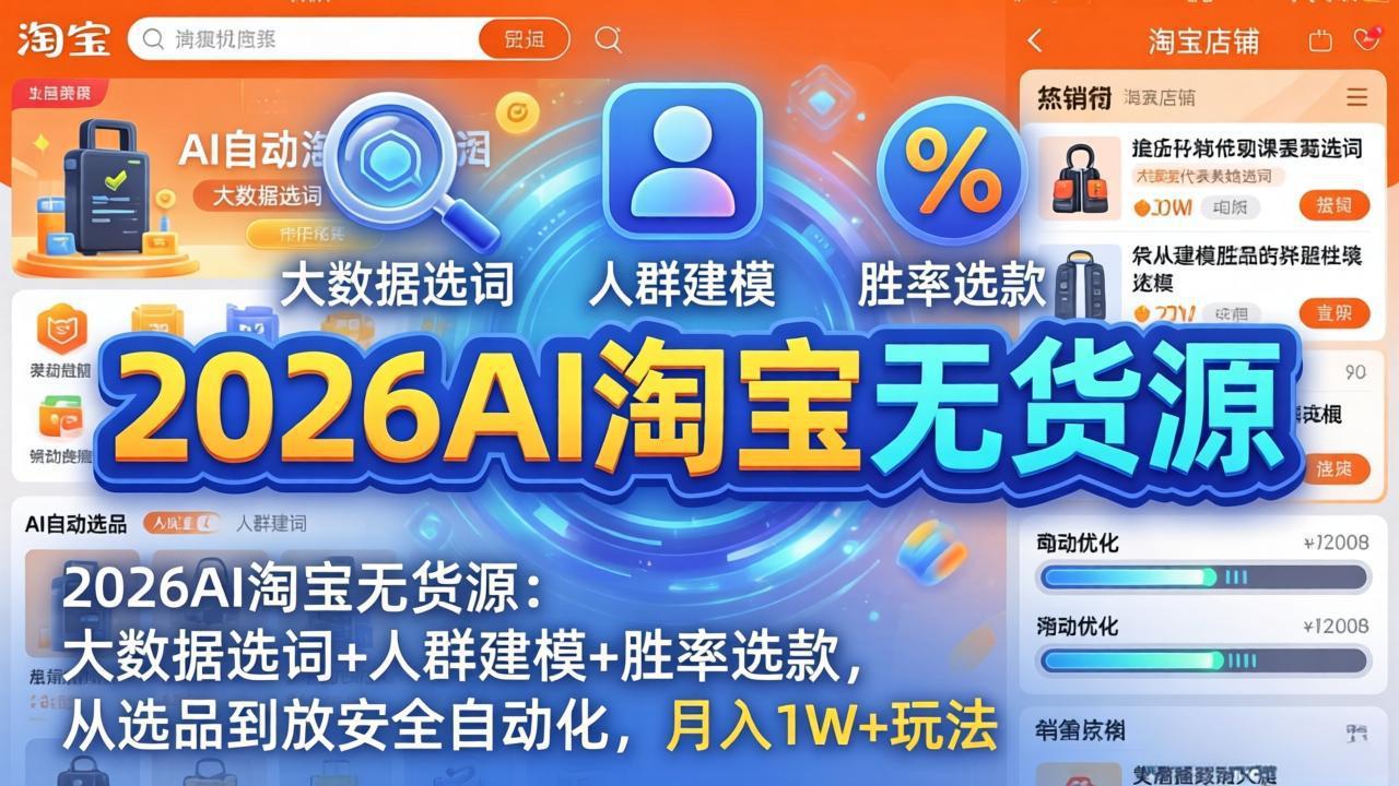 <span style='color:#ff0000'>2026AI淘宝无货源-4月19更新：大数据选词+人群建模+胜率选款，从选品到放大全自动化，月入</span>