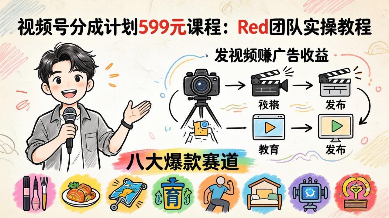 <span style='color:#001aff'>视频号分成计划599元课程：Red团队实操教程，发视频赚广告收益，八大爆款赛道全掌握</span>