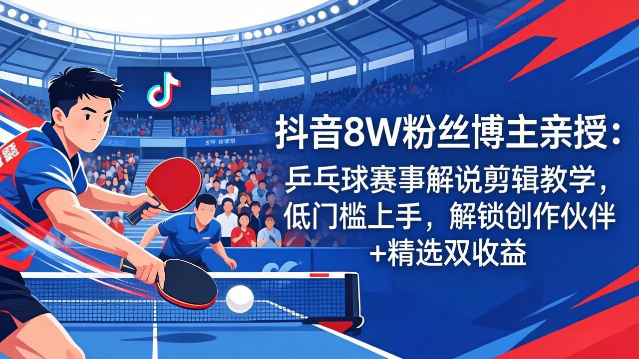 <span style='color:#bd7800'>抖音8W粉丝博主亲授：乒乓球赛事解说剪辑教学，低门槛上手，解锁创作伙伴+精选双收益</span>