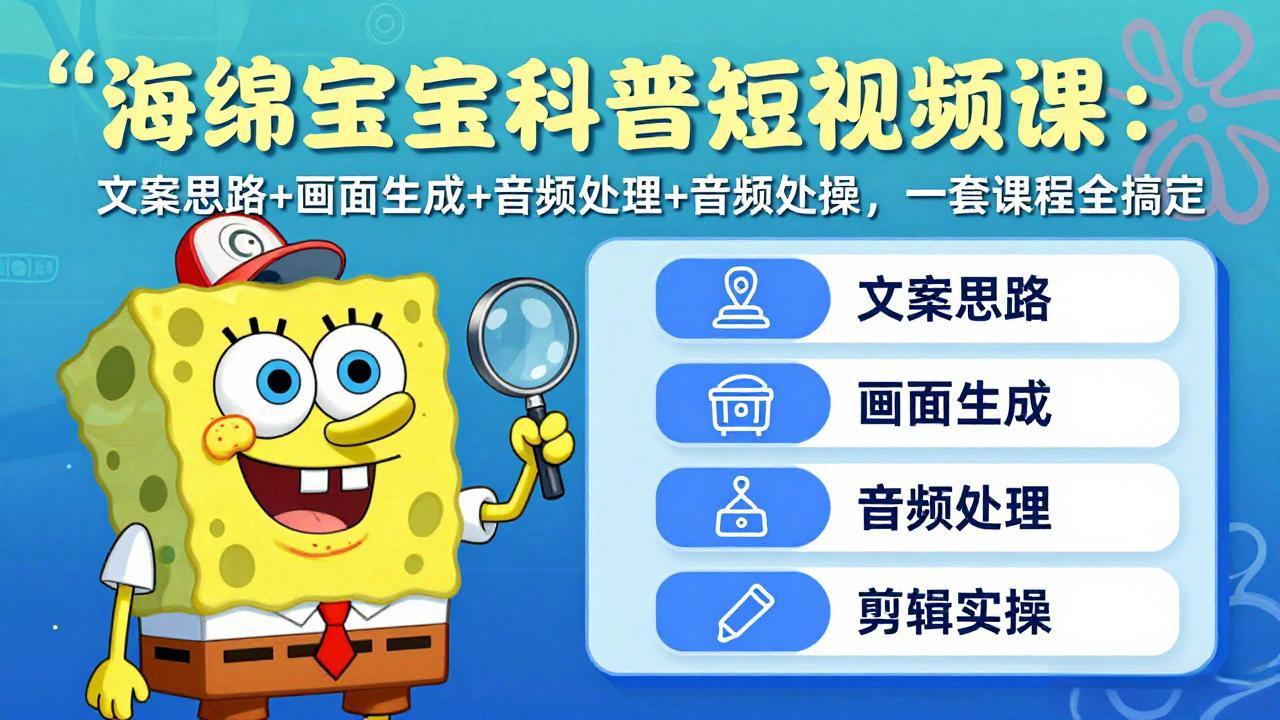 <span style='color:#a100e0'>海绵宝宝科普短视频课:文案思路+画面生成+音频处理+剪辑实操,一套课程全搞定</span>