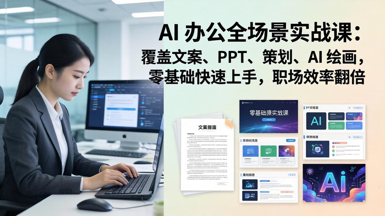 <span style='color:#078a00'>AI 办公全场景实战课：覆盖文案、PPT、策划、AI 绘画，零基础快速上手，职场效率翻倍</span>