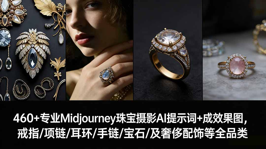 <span style='color:#001aff'>460+专业Midjourney珠宝摄影AI提示词+成效果图，戒指/项链/耳环/手链/宝石/及奢侈配饰等全品类</span>