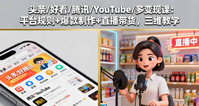 <span style='color:#078a00'>头条/好看/腾讯/YouTube/多变现课：平台规则+爆款制作+直播带货，三维教学</span>
