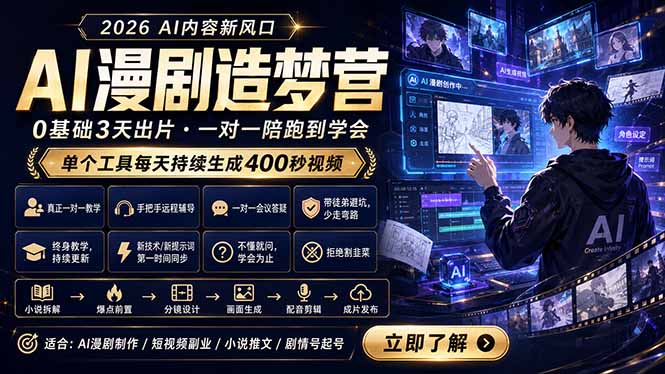 <span style='color:#001aff'>AI漫剧造梦营:0基础3天出片,单个工具每天持续生成400秒视频</span>