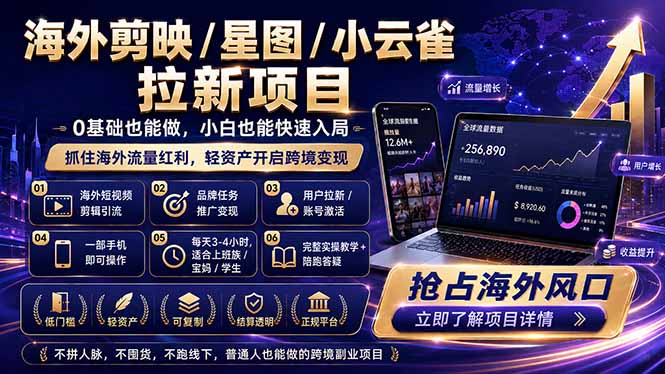 <span style='color:#a100e0'>海外剪映 / 星图 / 小云雀拉新项目 普通人也能上手的跨境流量变现副业</span>