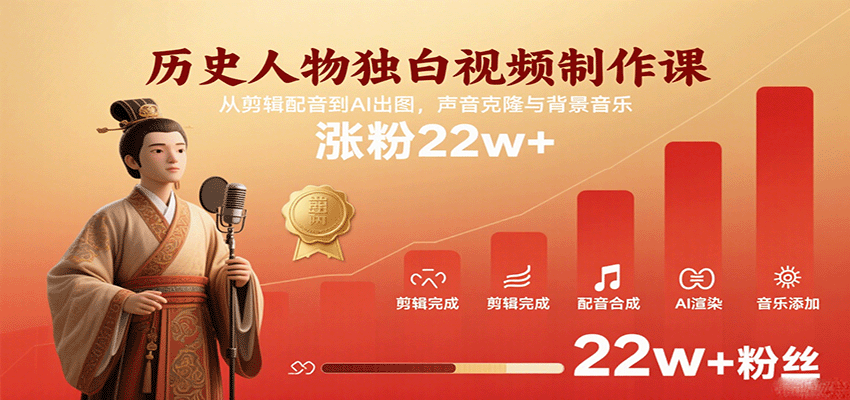 历史人物独白视频制作课，从剪辑配音到AI出图，声音克隆与背景音乐，涨粉22w+