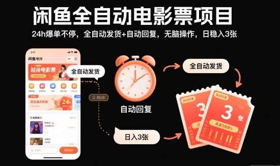 闲鱼全自动电影票项目,24h爆单不停,全自动发货+自动回复,无脑操作,日稳入3张【揭秘】 闲鱼全自动电影票项目,24h爆单不停,全自动发货+自动回复,无脑操作,日稳入3张【揭秘】