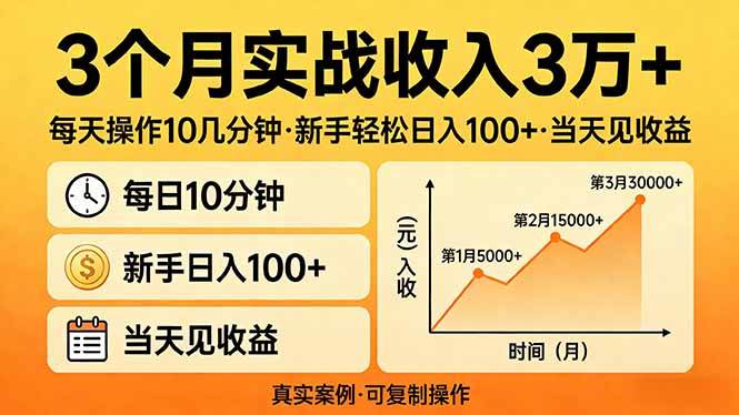 新手轻松日入100+、3个月实战收入3万+、每天仅需操作十几分钟